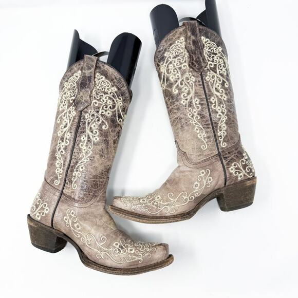 Corral Teen Taupe Leather Western Boots Girls Size 2 Pull On Made in Mexico - Picture 6 of 11